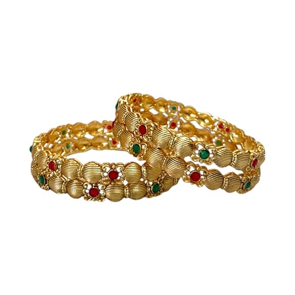 Gold Plated Pink & Green Artificial Stone-Studded Bangles